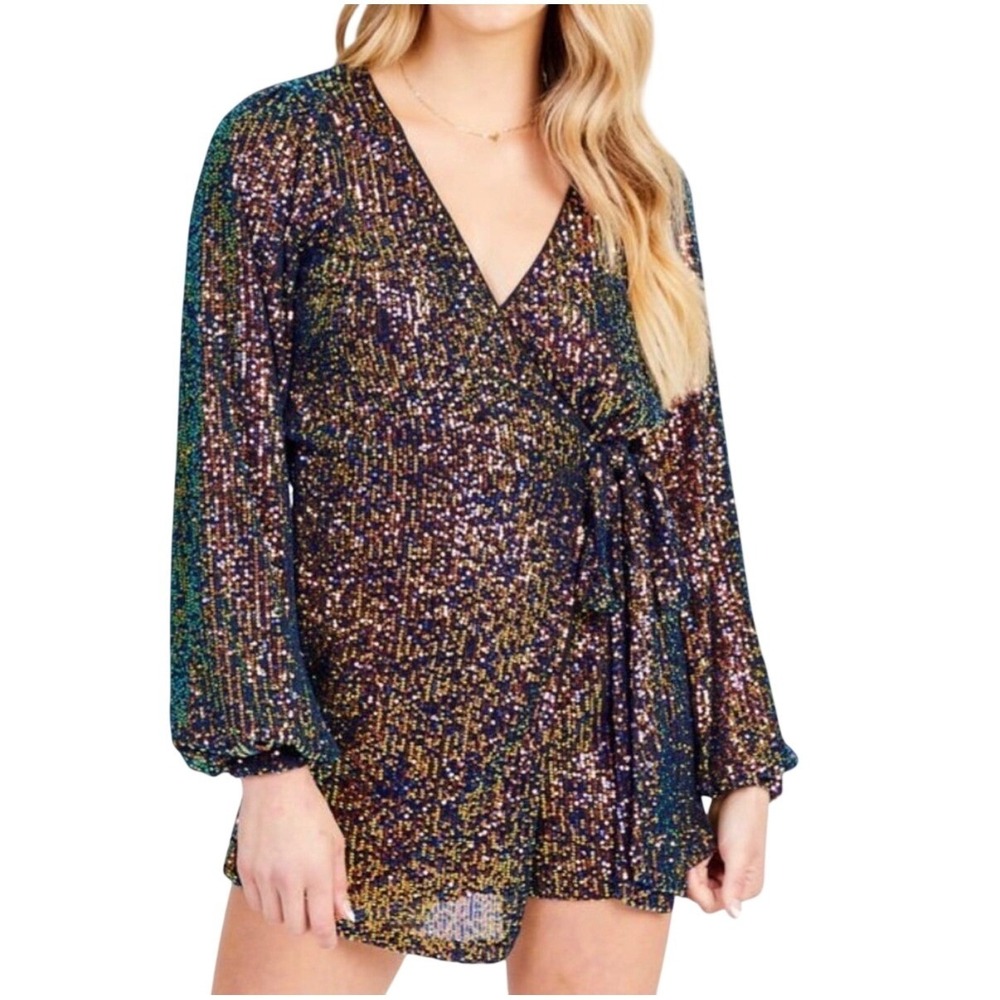 Altard State Iridescent Sequin Romper‎ Wrap Midnight Long Sleeve Sml Boho Glam